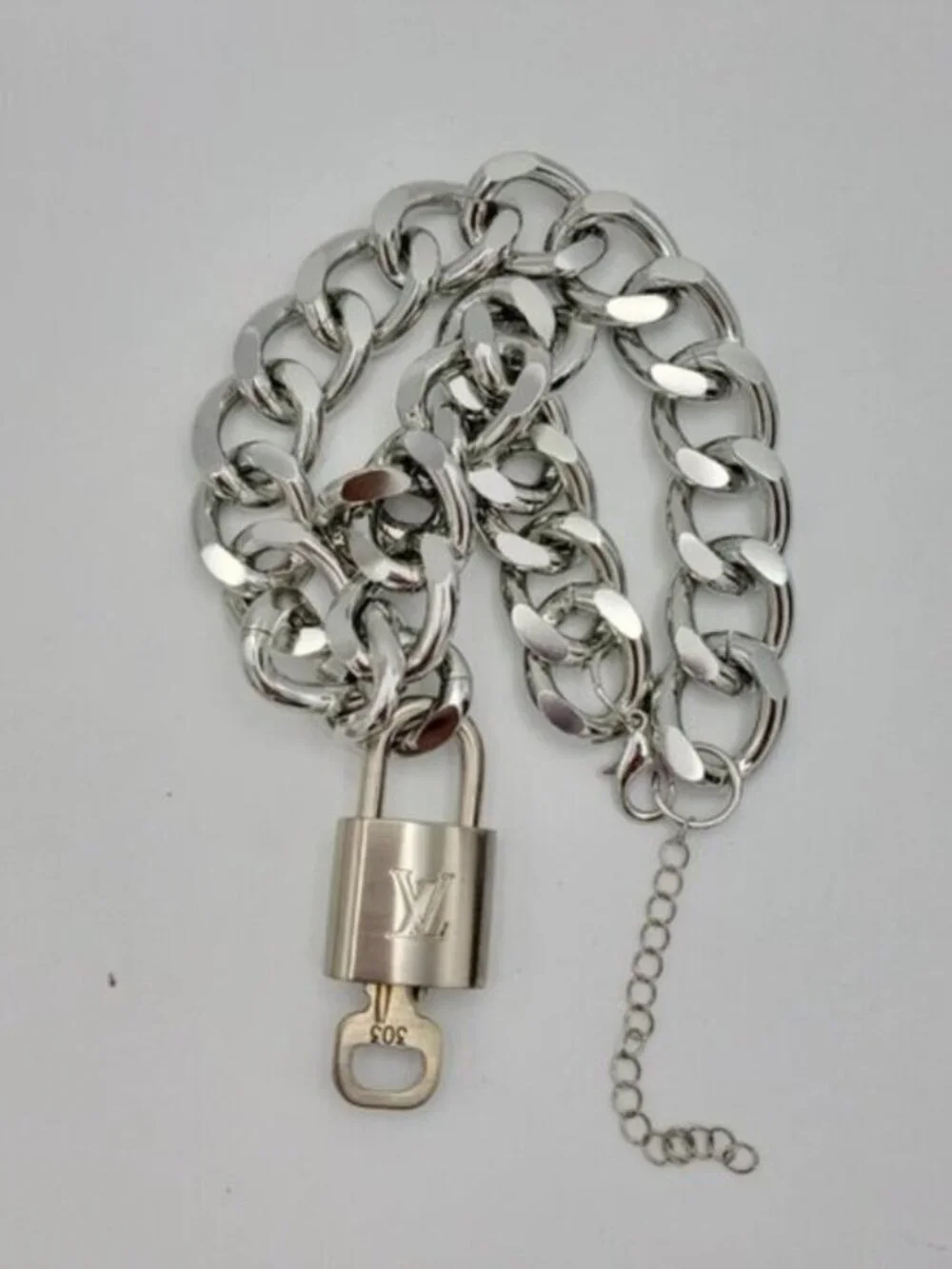 Authentic Louis Vuitton Padlock w/Unbranded Stainless Steel Plated Silver Chain